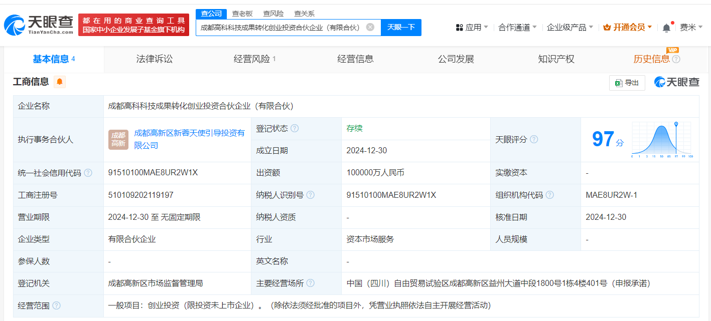 成都高科成立科技成果转化创投合伙企业